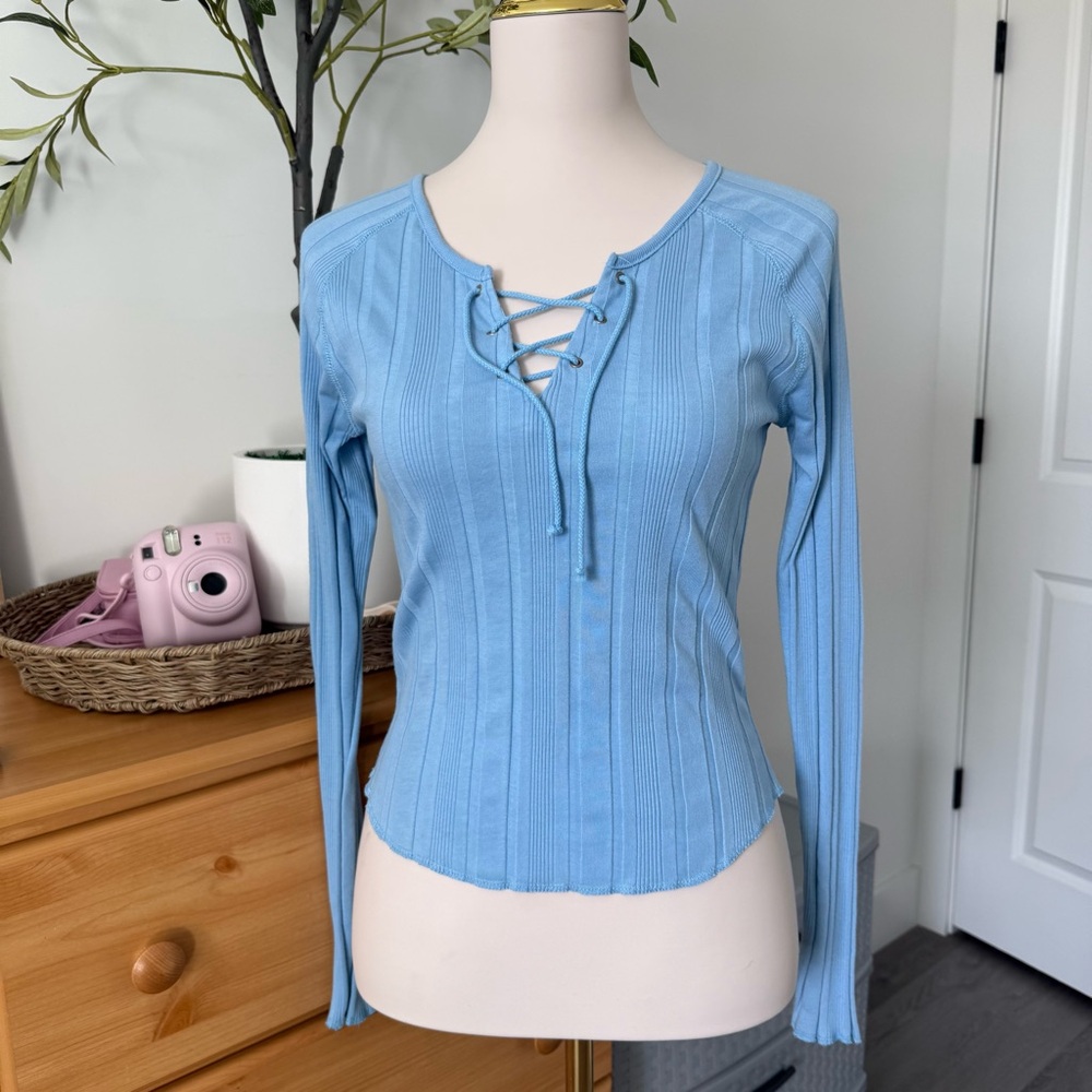 Light Blue Lace-Up Ribbed Long Sleeve Top